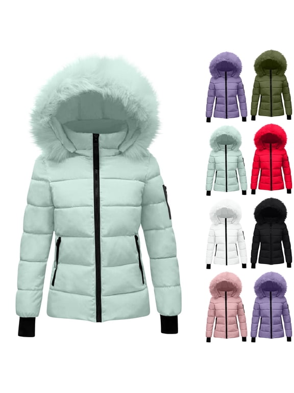 Women's Puffer Jackets Thermal Faux Fur Hood Coats Winter Stand Collar Zip Up Jacket with Zipper Pockets Solid Color Warm Outwear for Skiing