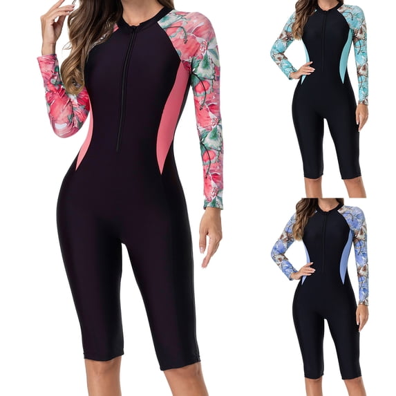 AGWOLF Women's Rash Guard Long Sleeve Shirts Boyleg One Piece Swimsuit Front Zip Surf Wetsuit Surfing Bathing Suits