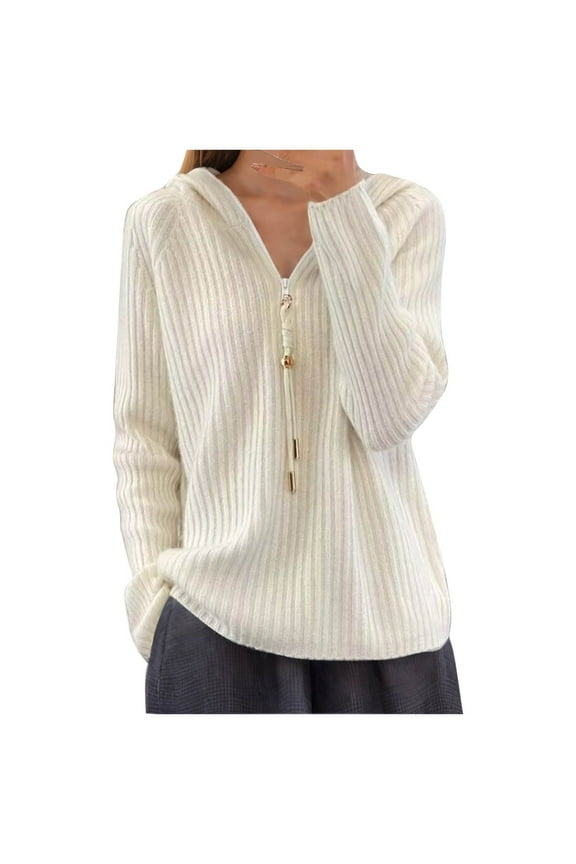 Women's Ribbed Knit Sweater Cozy Quater Zip Up Hooded Pullover Loose Solid Color Long Sleeve Tops