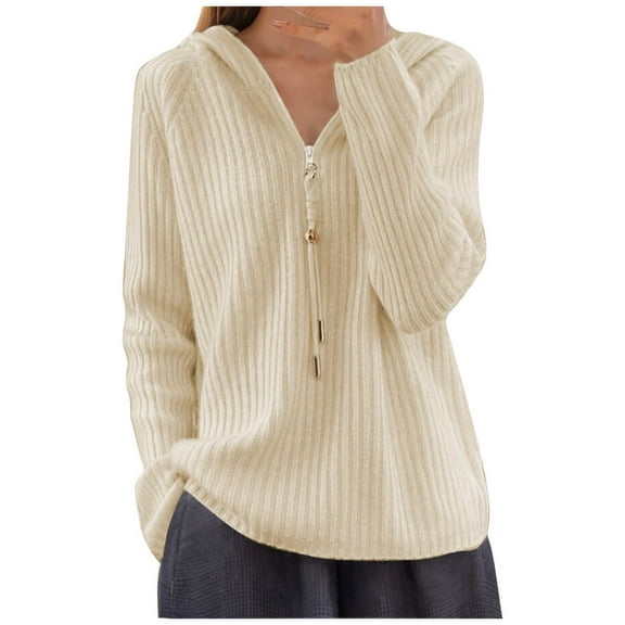AGWOLF Women's Ribbed Knit Sweater Cozy Quater Zip Up Hooded Pullover Loose Solid Color Long Sleeve Tops