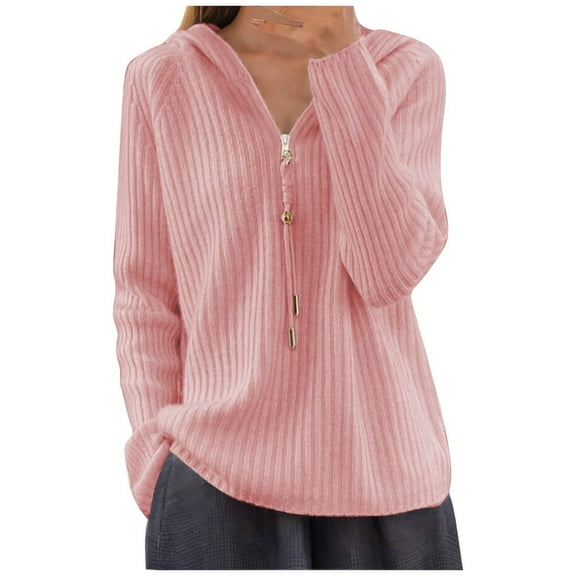 AGWOLF Women's Ribbed Knit Sweater Cozy Quater Zip Up Hooded Pullover Loose Solid Color Long Sleeve Tops