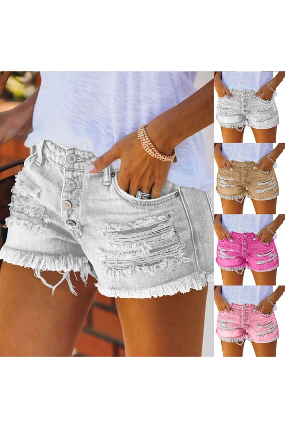 Women's Ripped Jean Shorts Mid Rise Frayed Hem Jorts 3 Inch Inseam Stretchy Denim Shorts with Pockets Retro Jort Hot Pink S