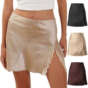 AGWOLF Women's Satin Half Slip Lace Trim Split Slit Mini Skirt High Waist Short Skirt Silky Underskirt Coffee M