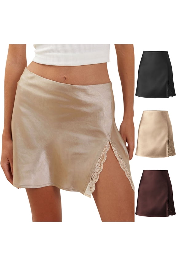 Women's Satin Half Slip Lace Trim Split Slit Mini Skirt High Waist Short Skirt Silky Underskirt Coffee XL