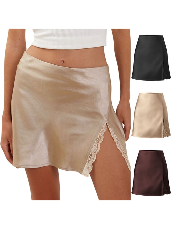 Women's Satin Half Slip Lace Trim Split Slit Mini Skirt High Waist Short Skirt Silky Underskirt Khaki L