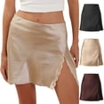 thumbnail image 1 of AGWOLF Women's Satin Half Slip Lace Trim Split Slit Mini Skirt High Waist Short Skirt Silky Underskirt Khaki M, 1 of 8