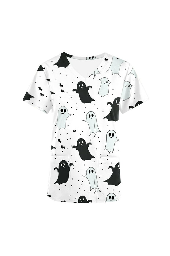 Women's Scrubs Clearance Halloween Scrub Tops Cute Bat Ghost Print Short Sleeve Nurse Shirts V Neck Working Uniform Lightweight Blouses with Pockets