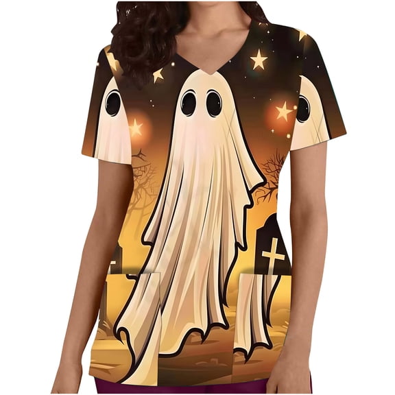 AGWOLF Women's Scrubs T Shirts 2024 Halloween Short Sleeve V-Neck Nursing Uniform Tops Casual Working Shirts with Pockets