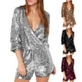 thumbnail image 1 of AGWOLF Women's Sequin Romper Party Clubwear Shiny Wrap V Neck Shorts Jumpsuit Glitter Sparkly Long Sleeve Disco Dance Outfit, 1 of 7