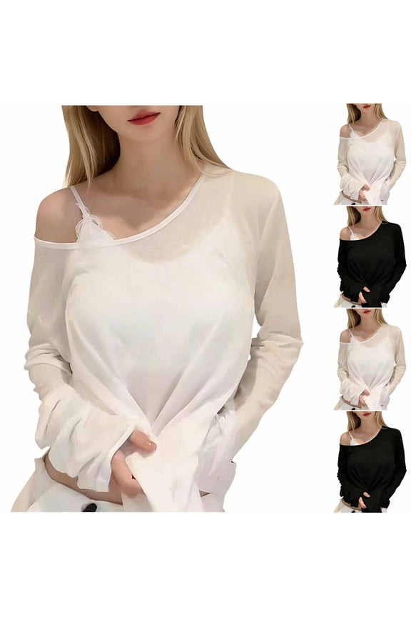 Women's Sheer Mesh Bikini Cover Ups Off The Shoulder Tops Long Sleeve See Through Shirts Going Out Beach Swimsuits Coverups White L