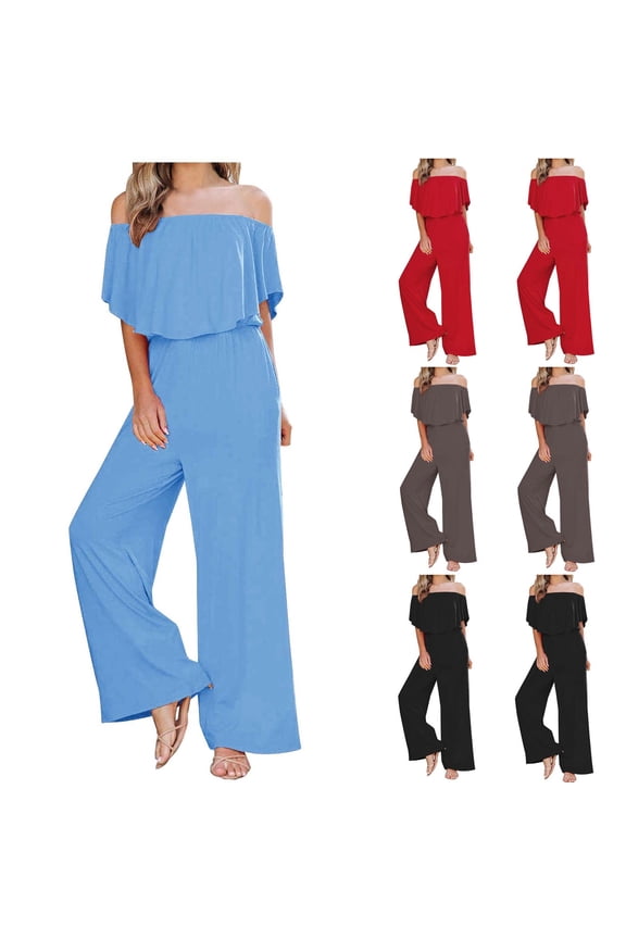Women's Off the Shoulder Jumpsuits Elegant Ruffle Short Sleeve Rompers Elastic High Waist Wide Leg Pants Playsuits Summer Overalls with Pockets Gray L