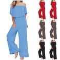 thumbnail image 1 of AGWOLF Women's Off the Shoulder Jumpsuits Elegant Ruffle Short Sleeve Rompers Elastic High Waist Wide Leg Pants Playsuits Summer Overalls with Pockets Red S, 1 of 6