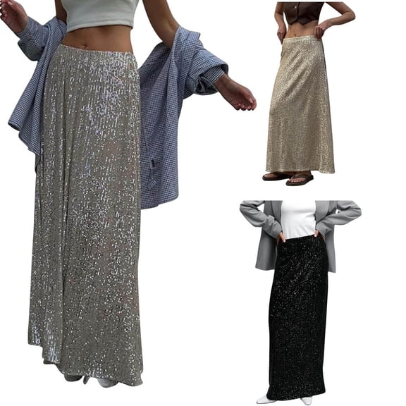 AGWOLF Women's Sparkle Sequin Maxi Skirt Glitter High Waist Stretchy Long Skirts Night Out Bodycon Party Clubwear Silver