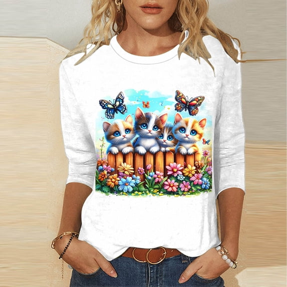 AGWOLF Happy Easter Cat Shirts for Women Plus Size Round Neck Pullover 3/4 Length Sleeve Funny Graphic Tees Religious Tops White XL
