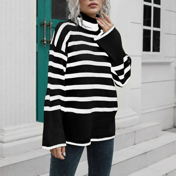 AGWOLF Women's Striped Sweater Chunky Turtleneck Ribbed Knit Pullover Loose Long Sleeve Side Split Tops Fall Winter Outfits