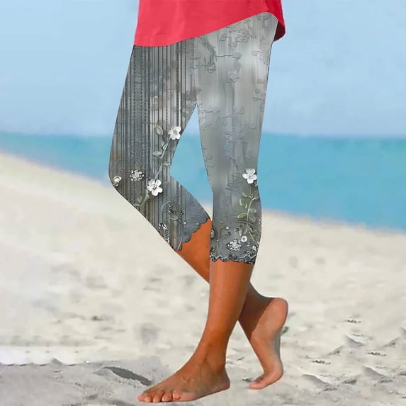 AGWOLF Women's Summer Beach Capris Trendy Floral Printed Fitness Yoga Leggings Tummy Control High Rise Cropped Pants Knee Length Capris Plus Size