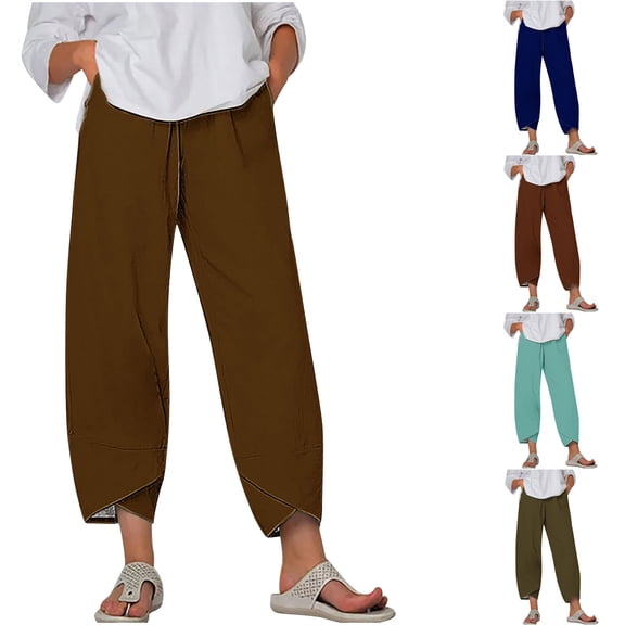 AGWOLF Women's Summer Capri Pants Plus Size Wide Leg Elastic Waisted Cropped Harem Pants Casual Ankle Length Palazzo Summer Beach Trouser with Pockets Coffee S