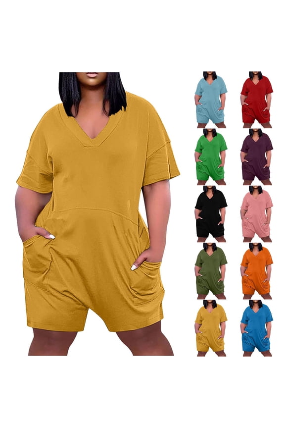 Women's Summer Short Sleeve V Neck Short Jumpsuit Solid Loose Casual Maternity Romper Plus Size Workout Jumpsuits with Pockets