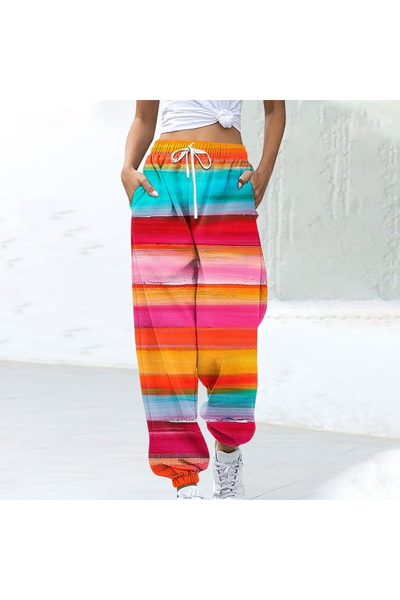 Women's Sweatpants Cute Rainbow High Waist Cinch Bottom Pants Wide Leg Sports Running Skateboard Joggers