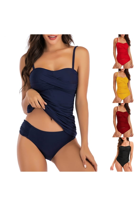 Women's Twist Front Tankini Set Two Pieces Ruched Tummy Control Suimsuit with Mid Waist Bottom Summer Beach Bathing Suit