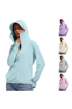 Women's UPF 50+ Sun Protection Hoodie Jacket Lightweight Full Face Neck Cover Sun Shirt Plus Size Long Sleeve Hoodies with Pocket Hiking Outdoor Beige M