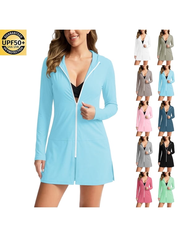Women's UPF 50+ Swim Cover Up Sun Protection Zip Up Hoodie UV Protection Lightweight Jacket Long Sleeve Beach Cover Ups for Women Gray L