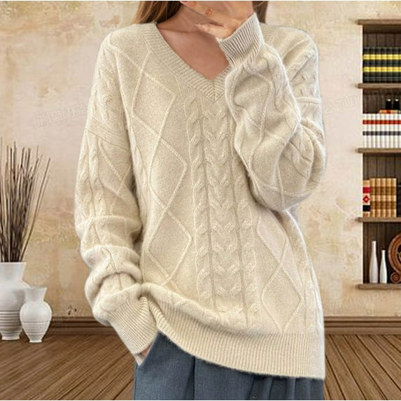 AGWOLF Women's V Neck Sweater Casual Oversized Cable Knit Pullover Long Sleeve Solid Color Jumper