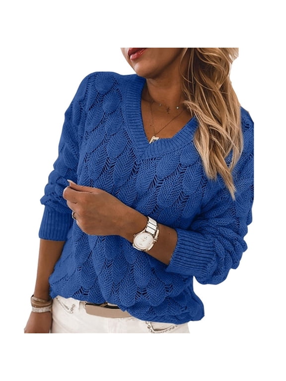 Women's V Neck Sweater Cozy Crochet Knit Hollow Out Pullovers Novelty Lightweight Long Sleeve Sweaters