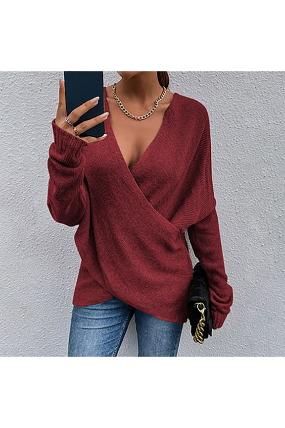 Women's V Neck Sweater Trendy Crisscross Wrap Ruched Pullover Loose Fit Ribbed Knit Tops