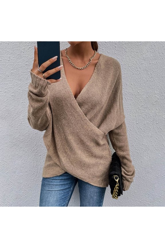 Women's V Neck Sweater Trendy Crisscross Wrap Ruched Pullover Loose Fit Ribbed Knit Tops
