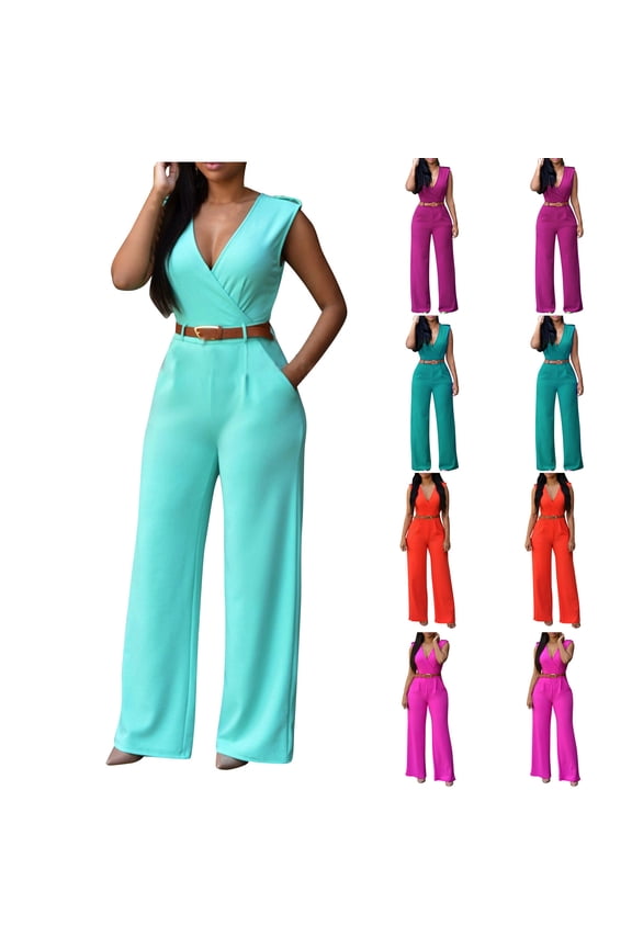 Women's V Neck Wrap Jumpsuits Dressy Casual Sleeveless One Piece with Belt High Waist Wide Leg Long Pants Overalls with Pockets Business Formal Pantsuits Hot Pink XL