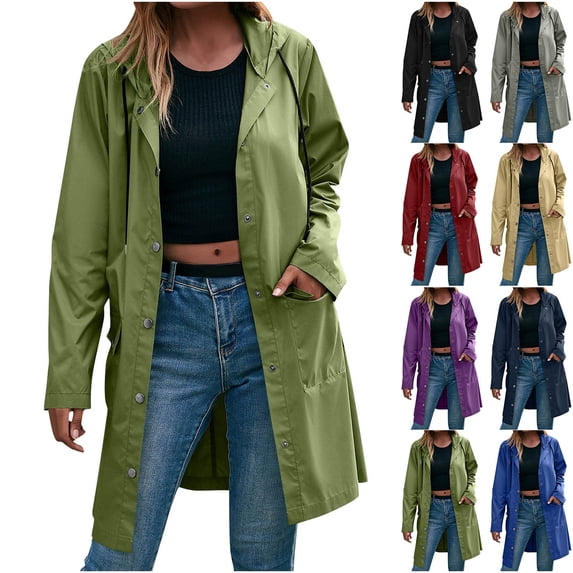 AGWOLF Women's Waterproof Rain Jacket Lightweight Knee Length Raincoat Hooded Windbreaker with Pockets Trench Coat Army Green XXL