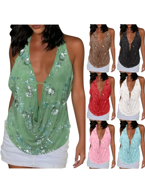 Women's Y2k Sparkly Sequin Shirts Beaded Halter Deep V Neck Tank Tops Low Cut Backless Embellished Tops Concert Party Shirt