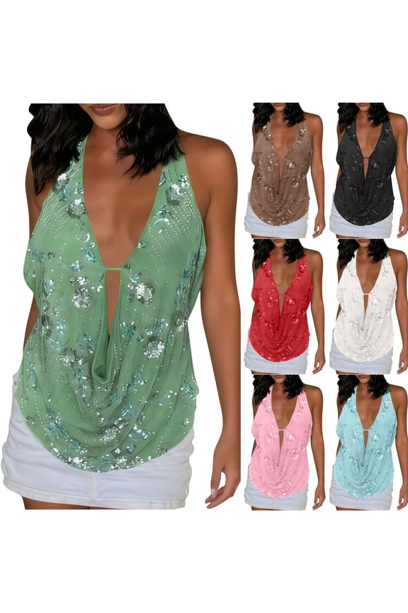 Women's Y2k Sparkly Sequin Shirts Beaded Halter Deep V Neck Tank Tops Low Cut Backless Embellished Tops Concert Party Shirt