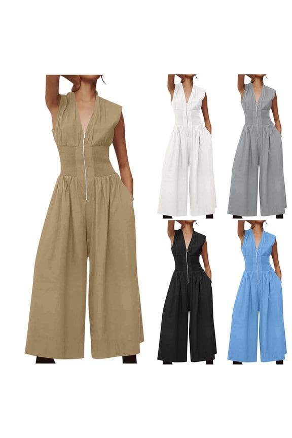 Women's Zip Up Jumpsuits Formal V Neck Sleeveless One Piece Rompers Wide Leg Palazzo Pants Baggy Cinched Waist Romper with Pockets Business Casual Jumpsuit Light Blue M