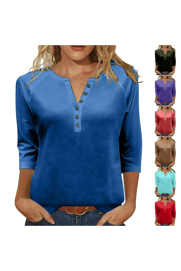 Womens 3/4 Length Sleeve Shirts Button V Neck Lightweight Tshirts Casual Raglan Henley Tunic Blouses Fall Fashion Tops