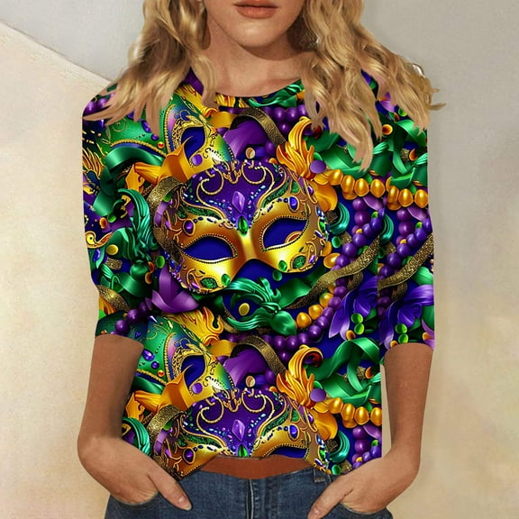 AGWOLF Womens 3/4 Sleeve Mardi Gras Shirts Funny Mask Graphic Round Neck Tops Fat Tuesday Party Costume Festival Pullover