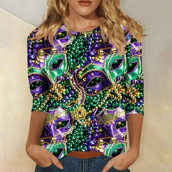 AGWOLF Womens 3/4 Sleeve Mardi Gras Shirts Funny Mask Graphic Round Neck Tops Fat Tuesday Party Costume Festival Pullover