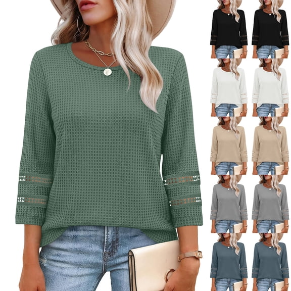 AGWOLF Womens 3/4 Sleeve Shirts Casual Waffle Crewneck Tops Fashion Lace Patchwork Sleeve T-Shirts Fall Lightweight Blouses