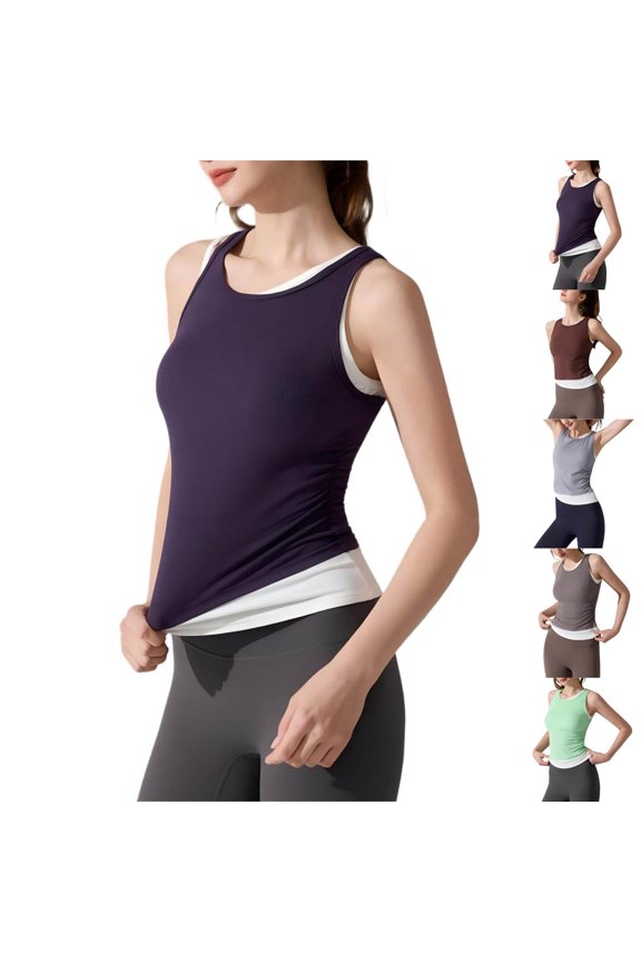 Womens Athletic Active Tank Tops with Build in Bra Ribbed Knit Two in One Yoga Top Crewneck Workout Shirts Fitted Racerback Top Gym Clothes for Women Navy M