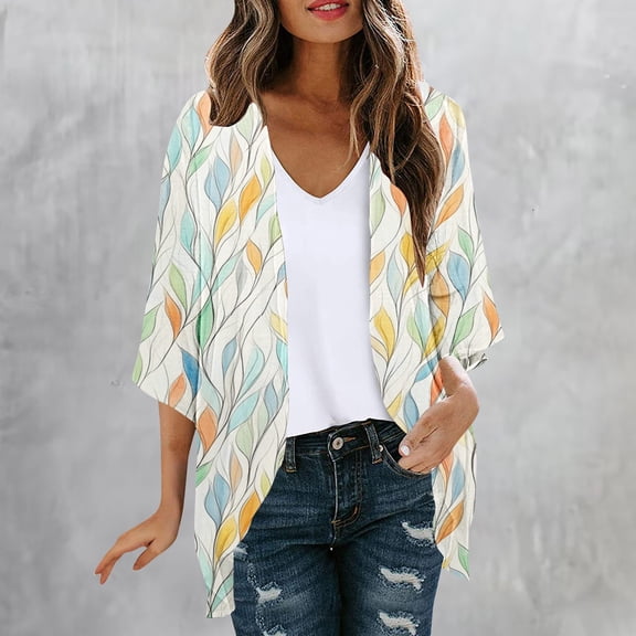 AGWOLF Womens Bathing Suit Cover Up 3/4 Sleeve Sheer Swimsuit Coverup Long Floral Print Beach Kimono Cardigan Summer Lightweight Chiffon Tops Multicolor,S