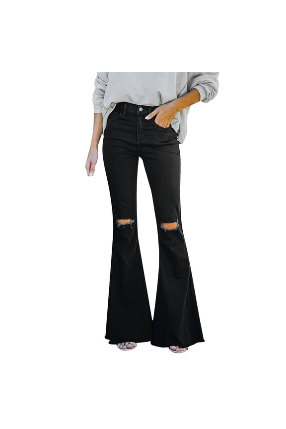 Womens Bell Bottom Jeans High Waist Ripped Flare Jean Destroyed Raw Hem Denim Pants with Pockets Y2K Distressed Trouser Black M