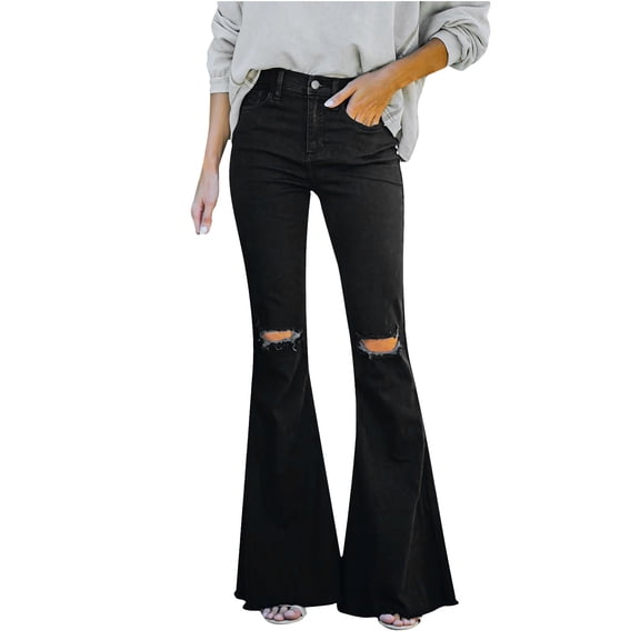 AGWOLF Womens Bell Bottom Jeans High Waist Ripped Flare Jean Destroyed Raw Hem Denim Pants with Pockets Y2K Distressed Trouser Black S