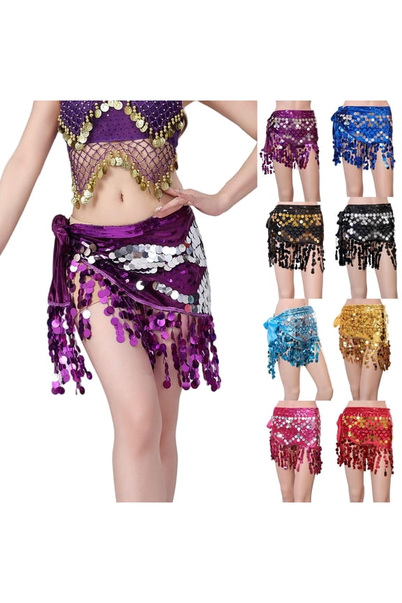 Womens Belly Dance Hip Scarf with Tassels Sequins Sparkly Wrap Skirt Music Festival Clothing Belly Dance Costume for Women Black