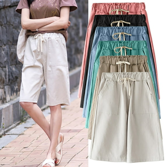AGWOLF Womens Bermuda Shorts Knee Length Summer High Waisted Drawstring Short Pants Casual Going Out Shorts with Pockets