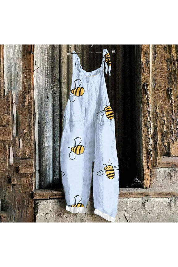 Womens Bib Overalls Summer Bee Print Jumpsuits Casual Sleeveless Adjustable Rompers with Pockets Loose Fit One Piece Loungewear