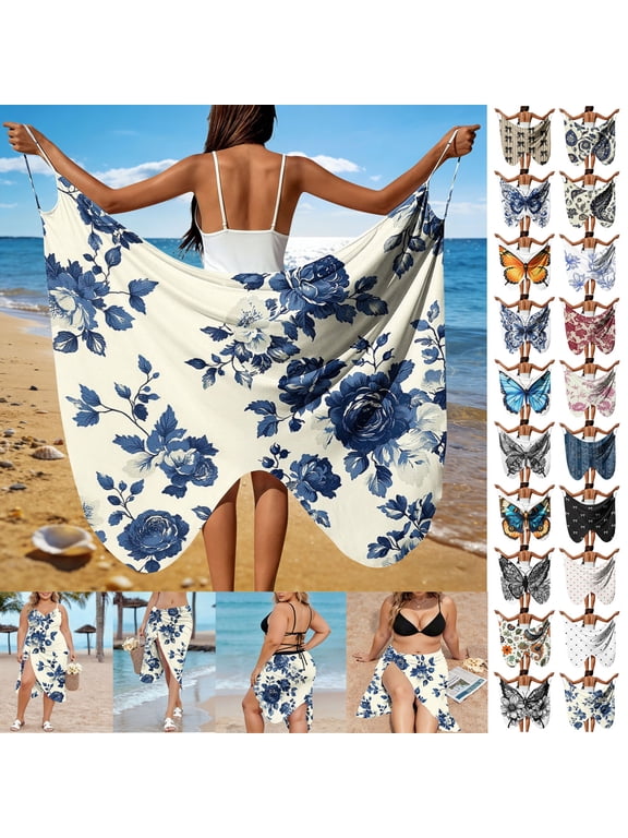 Womens Butterfly Sarong Wraps Plus Size Beach Cover Ups Spaghetti Straps Vacation Dress Boho Resort Wear White M