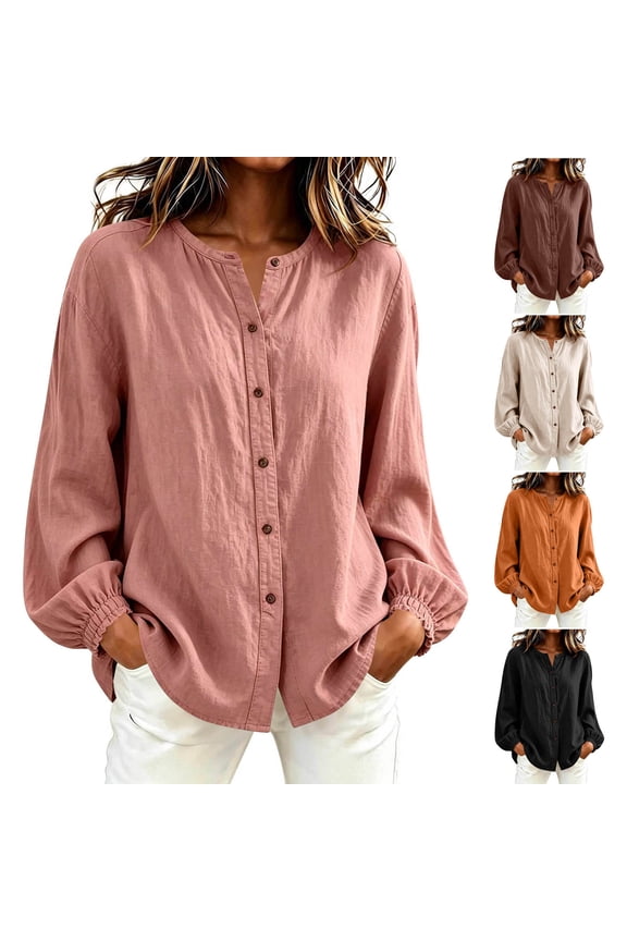 Womens Button Down Blouses Dressy Casual Puff Long Sleeve Shirt Open Neckline Summer Casual Tunic Work Tops Teacher Outfits Pink M