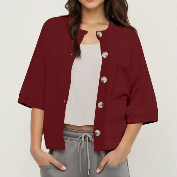 AGWOLF Womens Button Down Sweatshirts Casual 3/4 Sleeve Preppy Jacket Lightweight Solid Color Tops Dressy Office Cardigans Tops