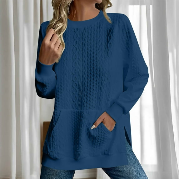 AGWOLF Womens Cable Knit Sweatshirts Lightweight Side Split Long Sleeve Crew Neck Sweater with Pocket Fall Solid Basic Pullover